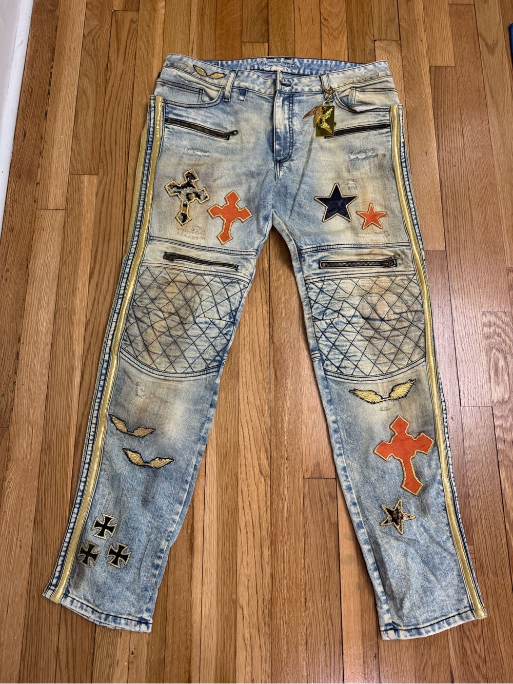 Robin's Jean Men's Light Wash Skinny Slim Fit Embroidered Zipper Pocket